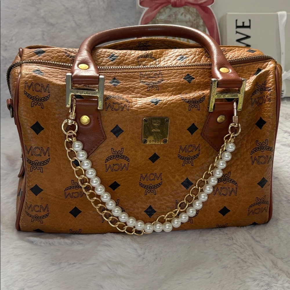 MCM Visetos Cognac Monogram Boston Bag with Crossbody Strap and COA